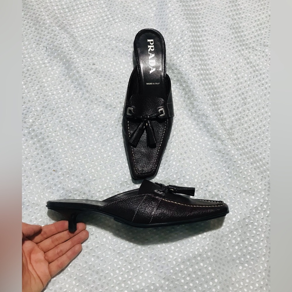 Prada mules dark brown kitten heels